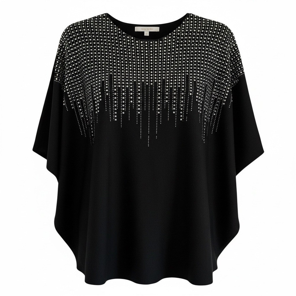 Luna Dolman Poncho Sweater Women L Black Cascading Rhinestone Glam Holiday